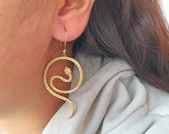 Brass Snake Dangle Earrings, Snake drop Earrings, Serpent Earrings, snake wrap earring, Spiral Snake Earrings