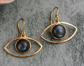 Labradorite evil eye earrings golden, statement earrings brass, minimalist earrings, evil eye earrings, eye earrings, hippie earrings, boho