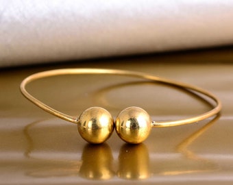 Double Ball Bracelet, Ball End Bangle, 14k Gold Filled Open Cuff Bangle, Classic Gold Bangle, Adjustable Cuff Bracelet