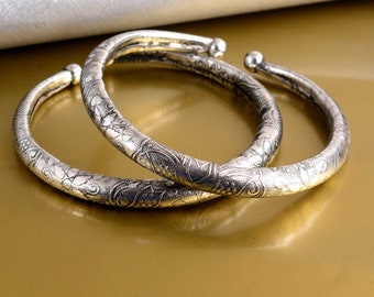 Engraved Silver Plated Anklets: Handmade Rajasthani Kada Bracelet Pair