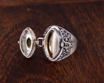 Natural Peridot Poison Ring,Handmade Marquise Shape Poison Ring,Pill Box Ring,Compartment Ring,Locket Ring,925 Sterling Silver Plated Ring