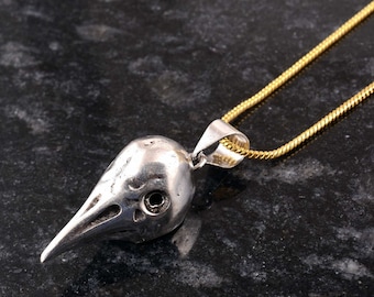 Raven Skull Charm Pendant Necklace - Solid Silver - Polished Finish - Unisex Crow Bird Jewelry Gift