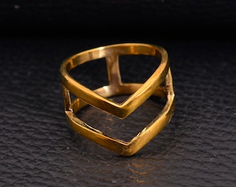 Brass Double Chevron Ring: Minimalist Geometric V Ring