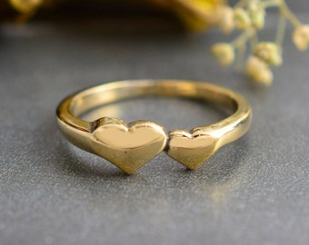 Solid Gold Double Heart Ring, Double Heart Ring, Two Hearts Frame Ring, Gold Romantic Love Ring, Gift For Girlfriend, Heart Jewelry