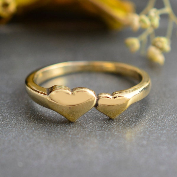 Solid Gold Double Heart Ring, Double Heart Ring, Two Hearts Frame Ring, Gold Romantic Love Ring, Gift For Girlfriend, Heart Jewelry