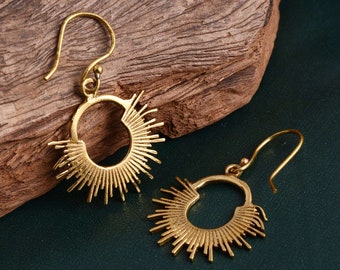 Gold Celestial Sun Dangle Earrings: Boho Minimalist Jewelry