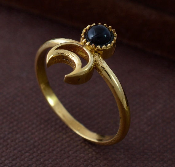 Crescent Moon Ring, Half Moon Ring, Obsidian Ring, Brass