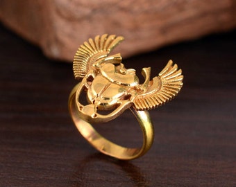 Gold Scarab Beetle Ring: Ancient Egypt Brass Jewelry