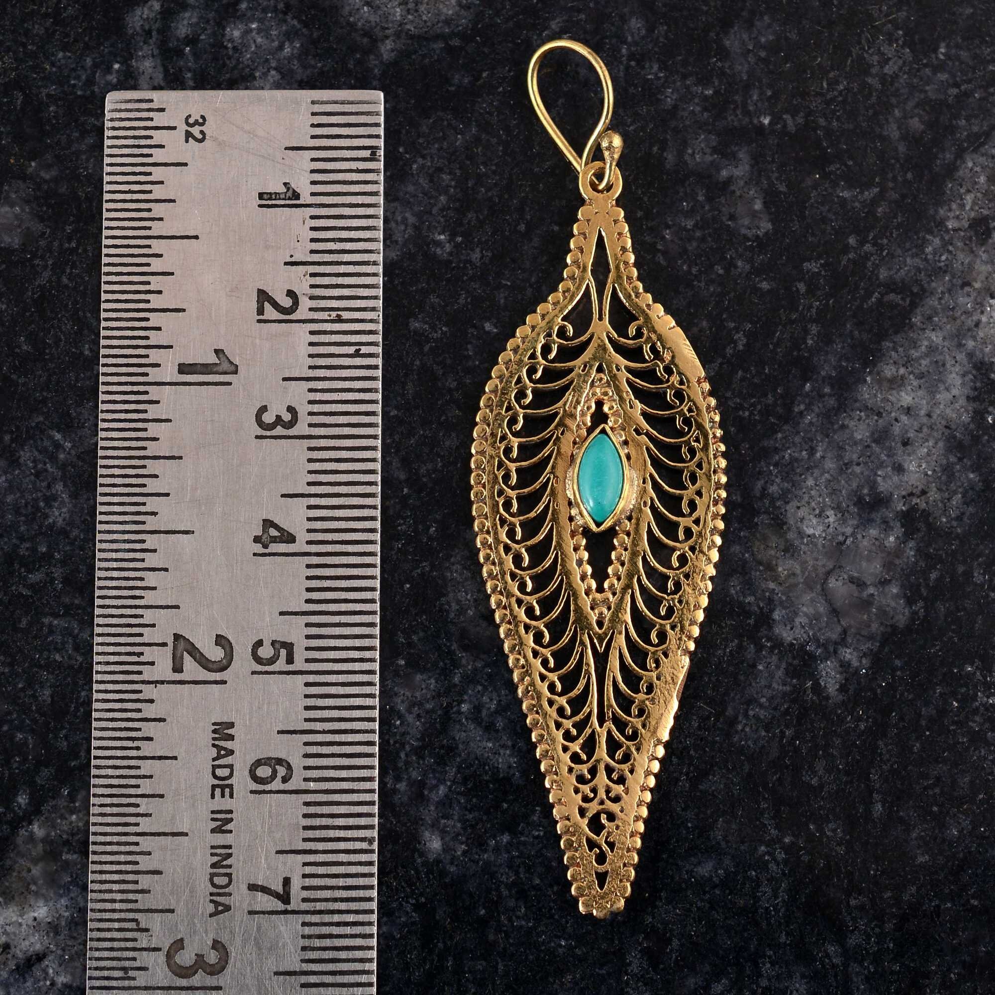 Boucles D'oreilles Longues Vintage – Turquoise Et Plaqué Or – Style Pendantes à Clous – Occasion