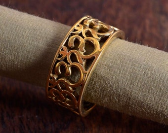 Wide Gold Om Ring, Filigree Hindu Symbol Statement Band