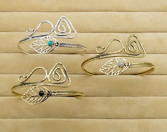 Gold Leaf Gemstone Upper Arm Cuff Arm Band Spiral Handmade Made of Brass, Jewelry