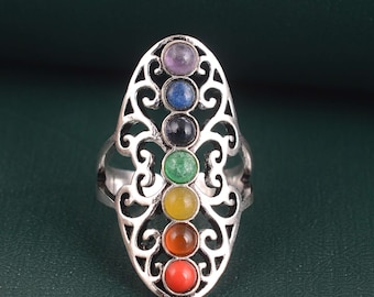 Seven Gemstone Chakra Ring: Silver Yoga Jewelry