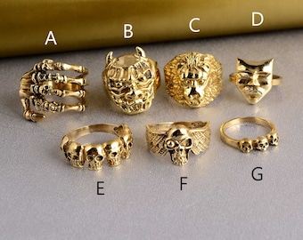 Anillos de calavera combinados, anillos de calavera, anillos de calavera góticos, anillos de calavera de oro, anillos de calavera múltiples, regalos de Halloween, artículos de regalo hechos a mano, anillos de mujer