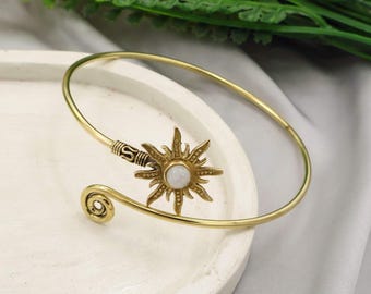Moonstone Sun Goddess Arm Cuff | Celestial Brass Armlet | Adjustable Moon Phase Jewelry