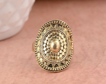 Mandala Statement Ring, Gold Brass Ring, Boho Rings for Women, Wide, Large, minimalist, Chunky, Cigar, Bohemian Jewelry