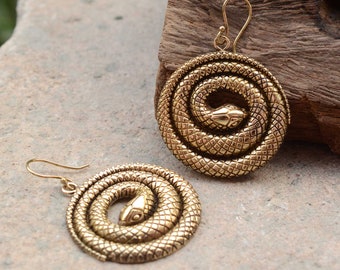 Gold Snake Earrings, Spiral Serpent Earrings, Aesthetic Reptile Earrings, Wiccan Jewelry, Edgy Earrings, Goth Earrings