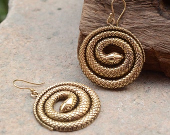 Gold Spiral Snake Earrings: Edgy Serpent, Goth Jewelry