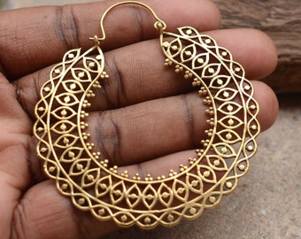 Brass Mandala Hoop Earrings: Tribal Boho Jewelry