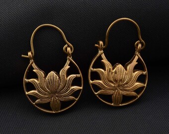 Tribal Brass Lotus Earrings: Boho Hoop Jewelry