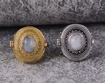 thumbnail image 2 of Natural Moonstone Poison Ring – Gold Brass, Hidden Box Compartment – Handmade India 2 of 4