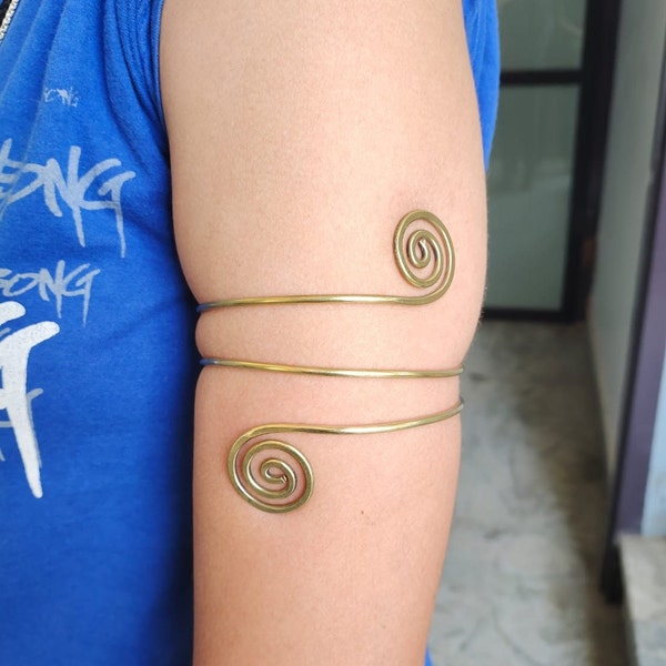 Gold Boho Arm Cuff Bracelet Swirls Adjustable Armlet Bangle Upper Arm Bohemian Tribal Goddess Spiral Jewellery gift for her