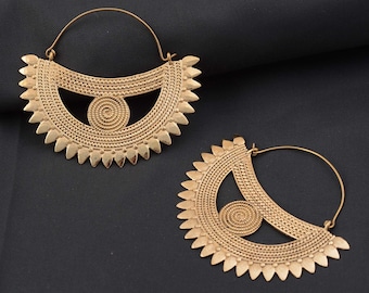 Brass Crescent Moon Hoop Earrings: Mandala Festival Jewelry