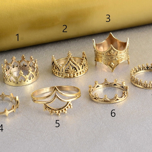 Dainty Gold Crown Ring Set: Princess Engagement Jewelry