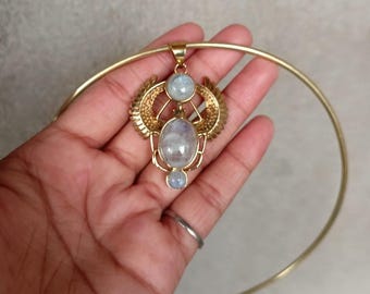Moonstone Scarab Pendant Choker: Egyptian Revival Beetle Jewelry