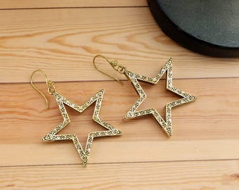 Celestial Brass Star Earrings, Boho Dangle Earrings, Handmade Geometric Earrings, Festival Jewelry, Minimalist Statement Gift for Her