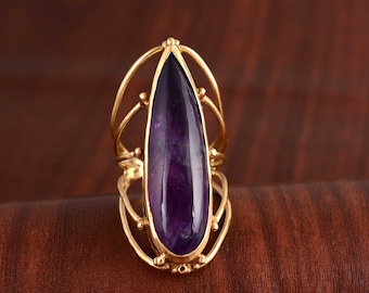 Long Amethyst Ring, Teardrop Shape, Purple Color Stone, Simple Ring, Handmade Jewelry, Gift For Mom, Wedding Ring, Gold Jewelry