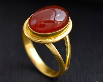 Handmade Red Onyx Brass Ring: Boho Gemstone Jewelry