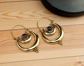 Pendientes de amatista, pendientes de aro de cristal, pendientes de piedra, pendientes de aro de oro, joyería boho, pendientes con piedra de nacimiento de febrero