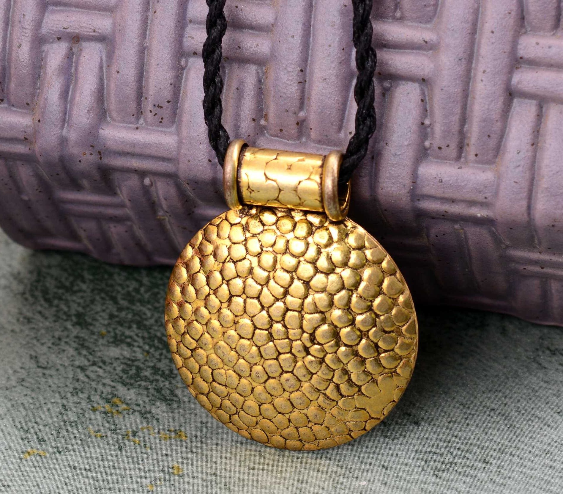 Adjustable black cord necklace with gold hammered open round handmade pendant