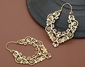 Gold Brass Mandala Hoop Earrings: Lightweight Delicate Design