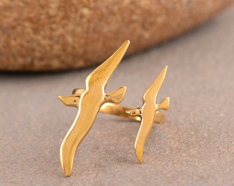 Handmade Gold Brass Bird Ring: Brass Twin Birds Rings, Flying Sparrow Open Ring