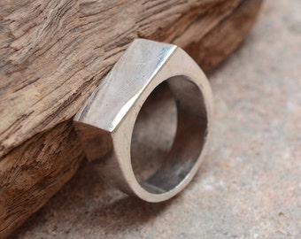 Sterling Silver Plated Rectangle Signet Ring: Modern Bar Ring