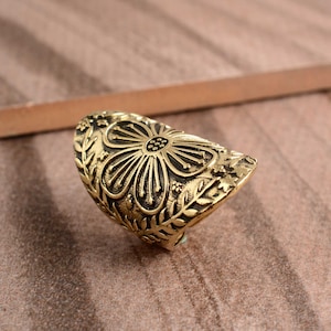 Gold Flower Long Ring, Nature Inspired Leaf Band, Minimalist Floral Jewelry