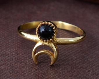 Crescent moon ring, half moon ring, Obsidian ring, Brass ring, cyber sale, midi ring, minimalist ring, gift for her, gift for mom