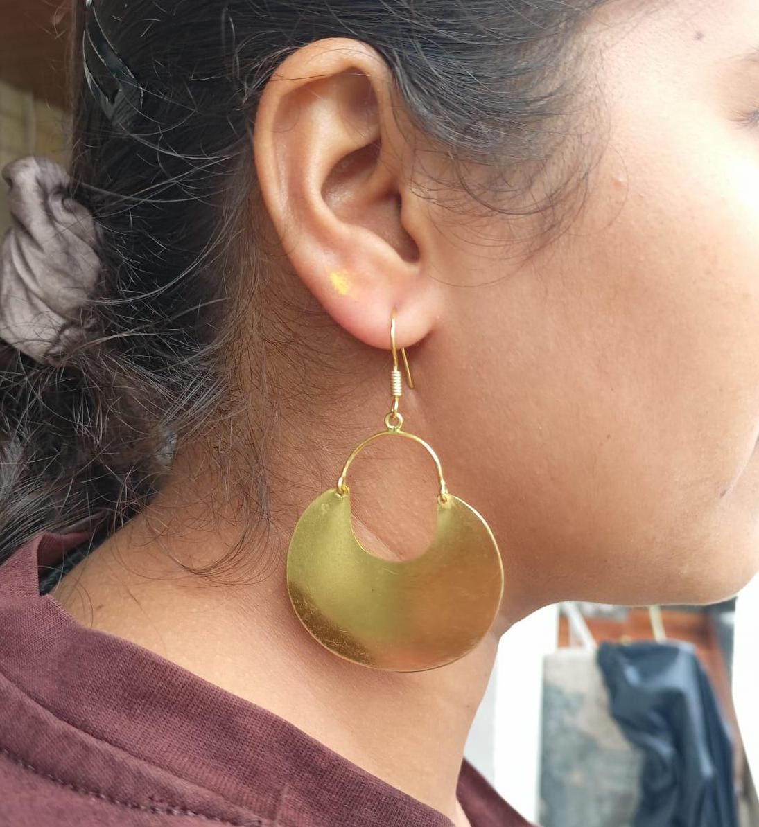 Geometric Disc Hoop Earrings Gold Brass Statement Large Big Circle Handmade Jewelry Cool Round Earrings