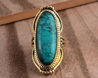 Turquoise Ring, Gold Band, Natural Turquoise Stone Ring, Unique Gold Ring, Statement Ring, Gift For Her, Turquoise Brass Ring