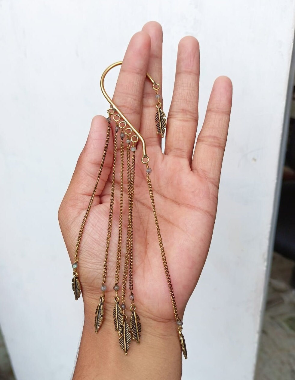 Leaf Shaped Ear Cuff, Non Pierced Chain Tassel Ear Wrap