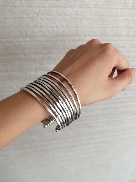 Wide Hammered Cuff Bracelet: Chunky Silver Wristband, Adjustable