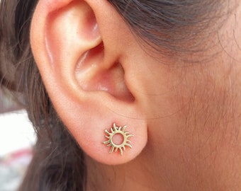 Gold Celestial Stud Earrings: Dainty Moon and Sun, Screw Back