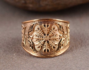 Brass Helm Of Awe Ring: Norse Viking Aegishjalmur Protection Totem