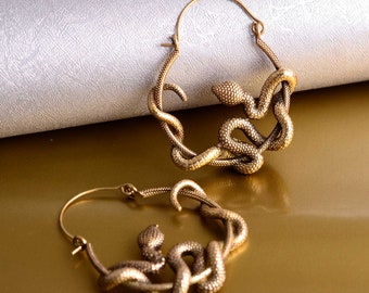 Gold Serpent Hoop Earrings: Brass Snake Statement Earrings