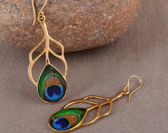 Gold Peacock Feather Earrings: Handmade Brass Statement Jewelry
