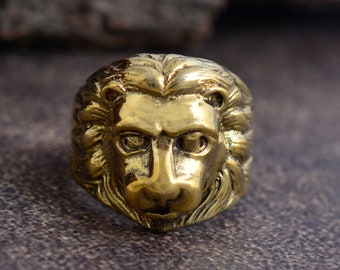 Anillo de cabeza de león de oro macizo: León rugiente, joyería africana para hombre