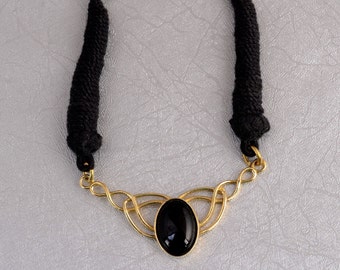 Obsidian Cord Choker Necklace/ Obsidian Cord Spiritual Necklace/ Obsidian Brass Necklace/ Obsidian Crystal Necklace