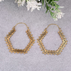 Large Brass Pentagon Hoop Earrings: Geometric Statement Jewelry