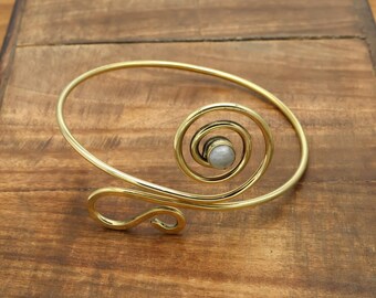 Gold Moonstone Upper Arm Cuff Arm Band Spiral Handmade Made of Brass, Jewelry